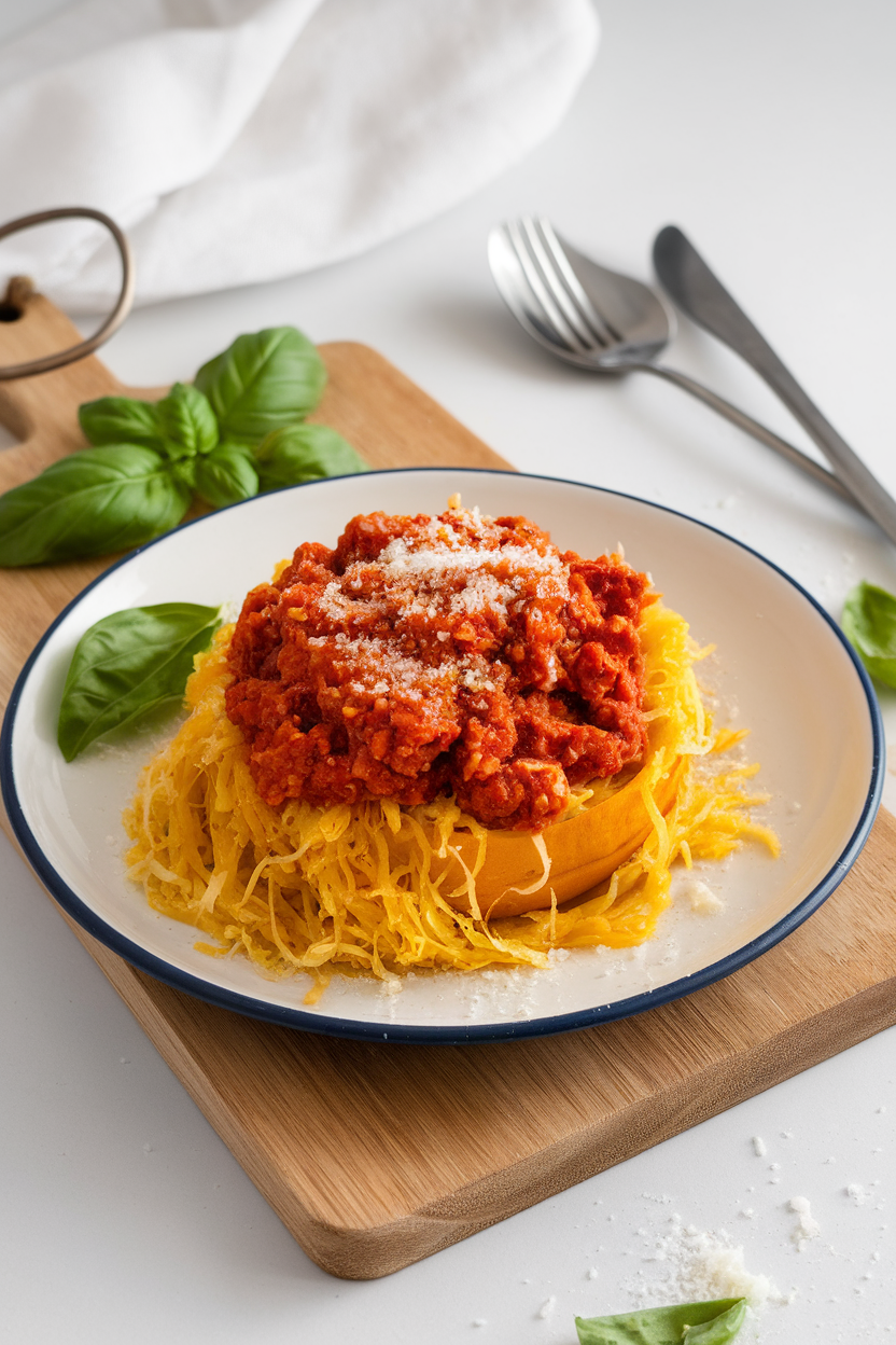 Indoor plate displaying roasted spaghetti squash strands topped with meaty tomato Bolognese sauce. No logos; photo.
