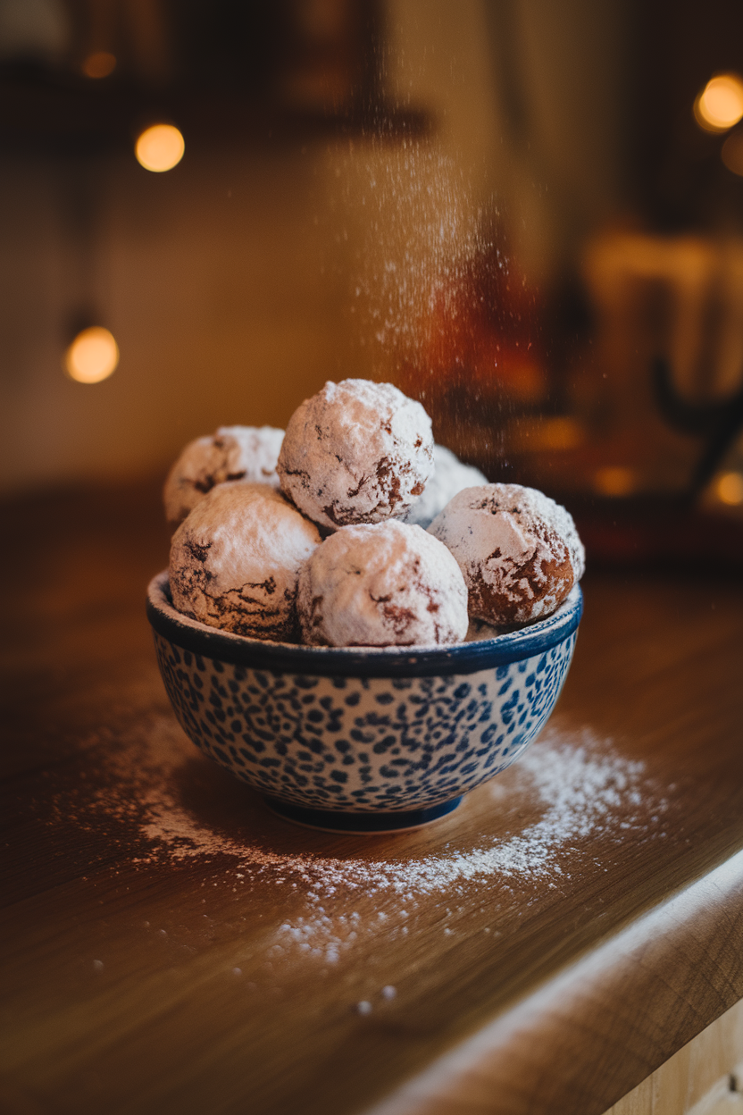 A small bowl on a countertop filled with round pecan snowball cookies coated in powdered sugar, light snowfall of sugar on table. Cozy indoor light, no text or logos.</Prompt