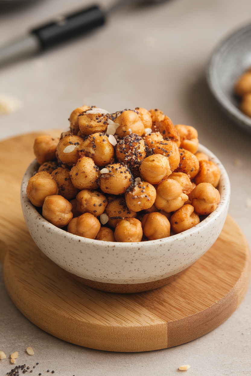 Indoor photo of a small ceramic bowl brimming with crispy roasted chickpeas flecked with “everything bagel” seasoning, set on a wooden board. No logos or text present.