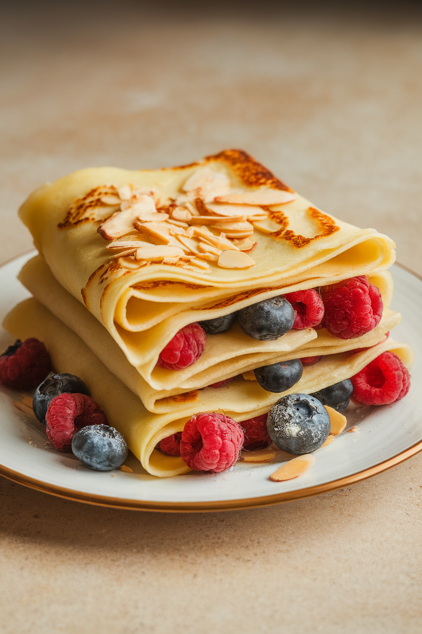 Indoor photo of thin egg crepes rolled around mixed berries and sprinkled with toasted almond slivers. No text or logos.