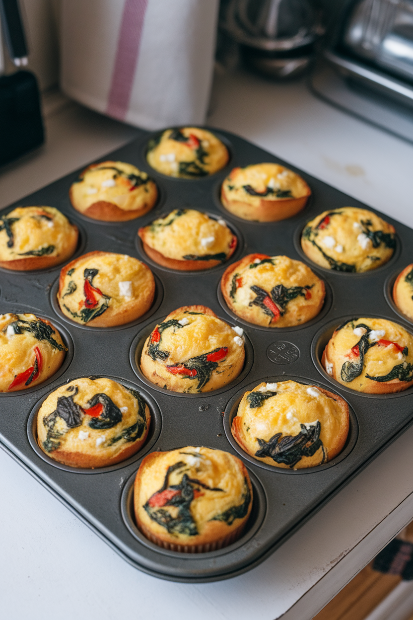 An indoor kitchen table featuring a muffin tin filled with colorful baked egg muffins—spinach, bell peppers, and feta visible in each cup. No text or logos anywhere. Photo only.