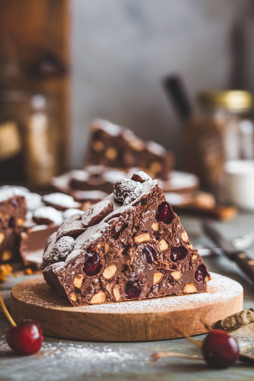 Wedge of dense panforte on a wooden board indoors, chocolate dusted with powdered sugar, cherries and nuts embedded. No text or logos.