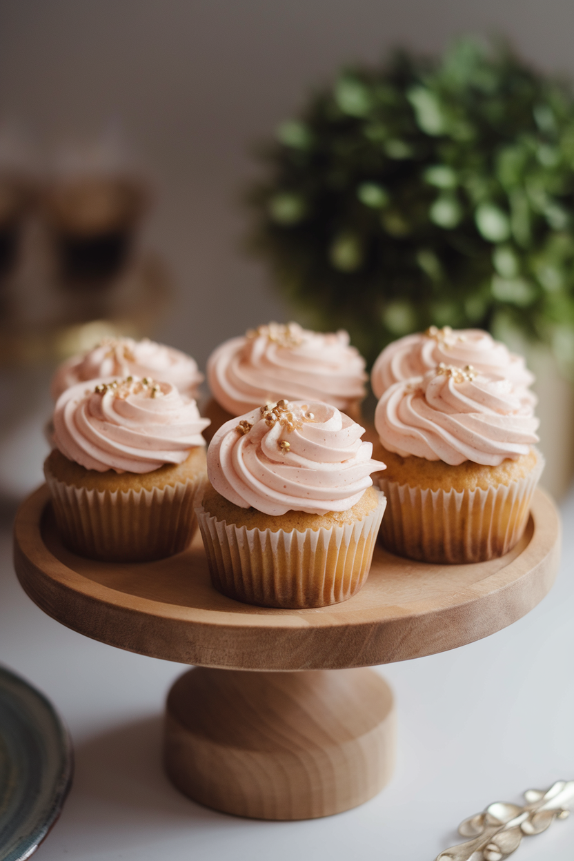 Indoor photo of vanilla cupcakes topped with pale pink Champagne buttercream and a few edible gold sprinkles on a cake stand. No text or logos.
