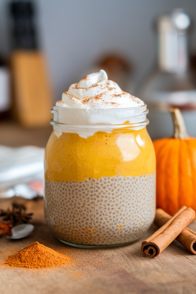 An indoor breakfast jar layered with pumpkin chia pudding, sprinkled with cinnamon and topped with a dollop of whipped cream. No text or logos. Photo, not illustration.