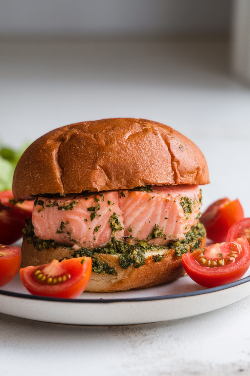 Photo of a salmon burger flecked with spinach pesto, plated with cherry tomato halves indoors; no text or logos; photo, not illustration