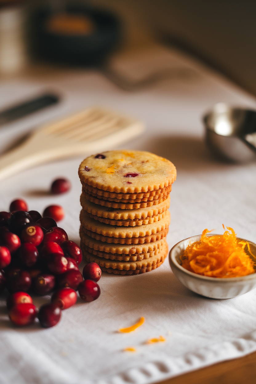 An indoor table with round cranberry orange shortbread cookies stacked beside fresh cranberries and orange zest. Warm lighting, no text or logos.</Prompt