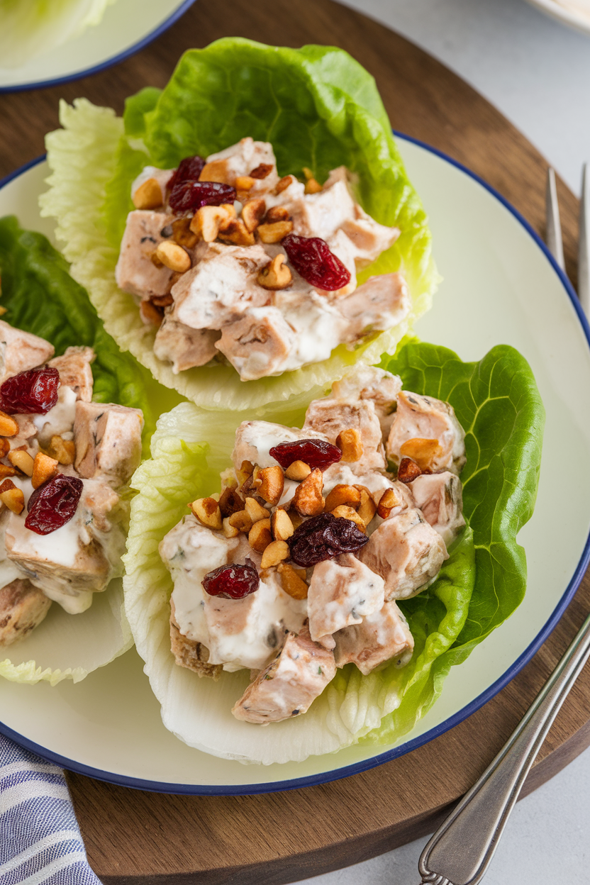Butter lettuce leaves filled with diced chicken salad bound with creamy yogurt on a white plate, indoor scene, no text or logos.