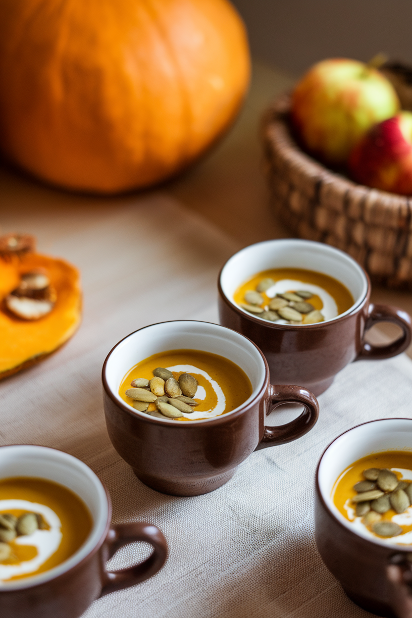 Indoor photo of espresso cups filled with golden pumpkin soup, topped with toasted pumpkin seeds and a swirl of coconut milk. No logos or text.
