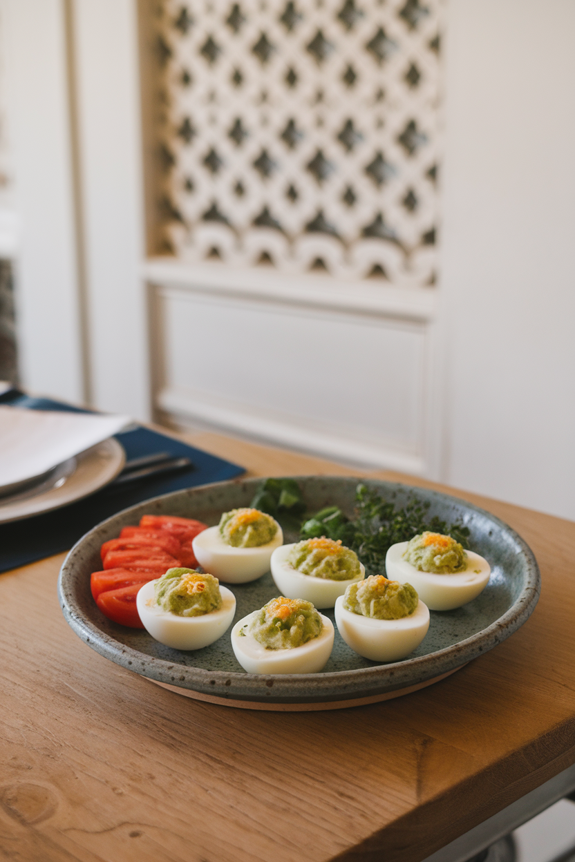 A ceramic platter on an indoor brunch table displaying hard-boiled egg halves filled with a green avocado yolk mixture; no text or logos.