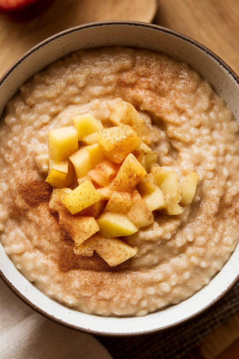 Indoor bowl photo of creamy farro porridge with spiced apple compote swirling on top, no text or logos.