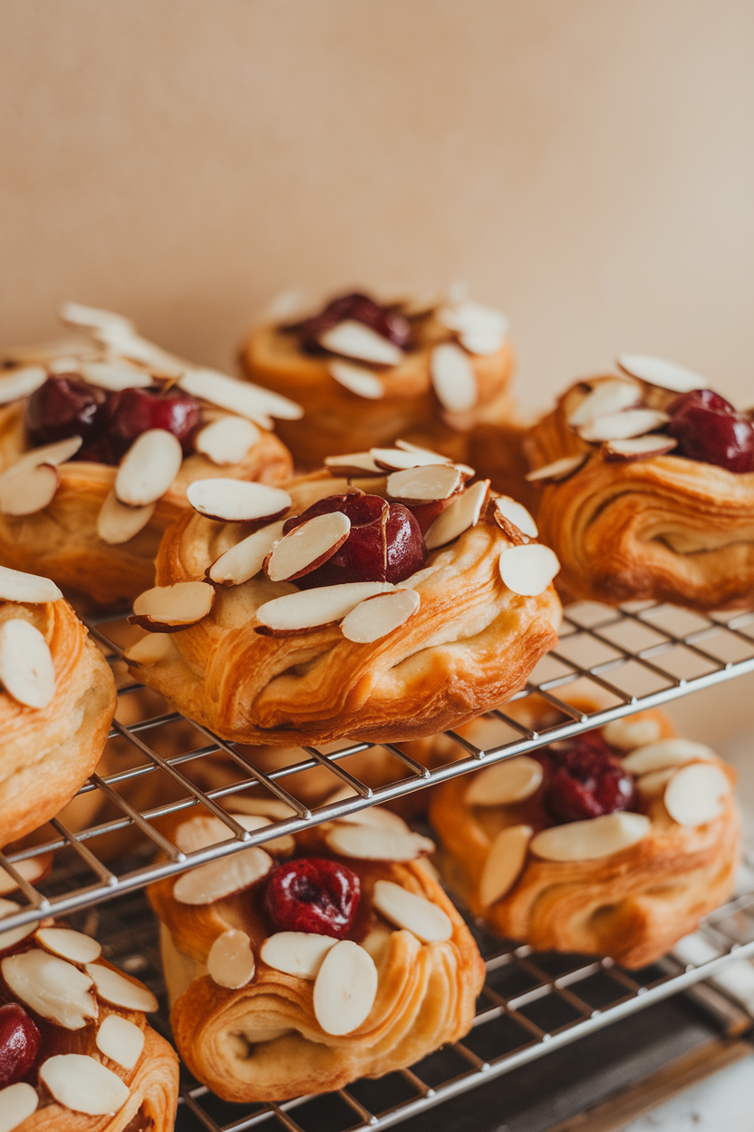 An indoor bakery rack with flaky cherry almond Danish pastries, almond slices toasted on top. No text or logos. Photo, not illustration.