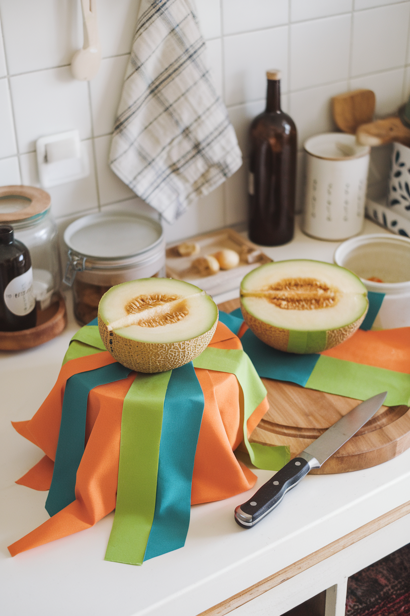 Indoor kitchen scene of colorful beeswax wraps covering half a sliced melon and a bowl, no branding visible.