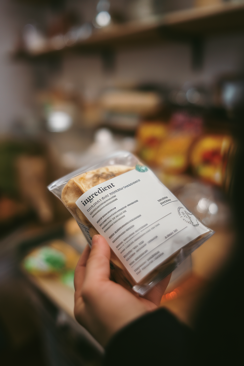 Indoor photo of a person’s hand holding a packaged product, focusing on the ingredient list; blurred background, no text or logos readable.
