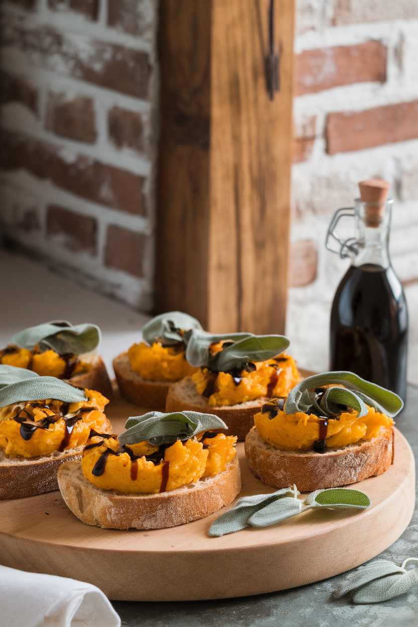 An indoor appetizer platter of toasted baguette slices topped with mashed roasted squash, sage ribbons, and a drizzle of balsamic reduction. This should be a photo, not an illustration. No text or logos anywhere in the scene.