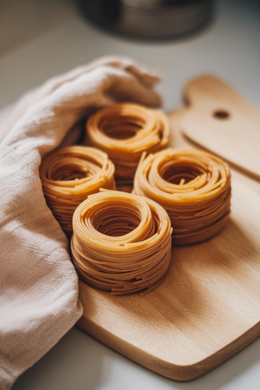 Indoor photo of neatly coiled whole-wheat spaghetti nests on a wooden cutting board beside a linen towel; no text or logos