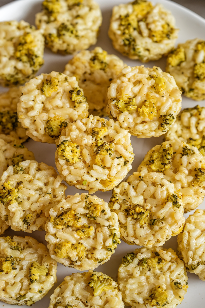 An indoor plate with small broccoli cheddar rice cakes, lightly browned and arranged in a circle. No text or logos.
