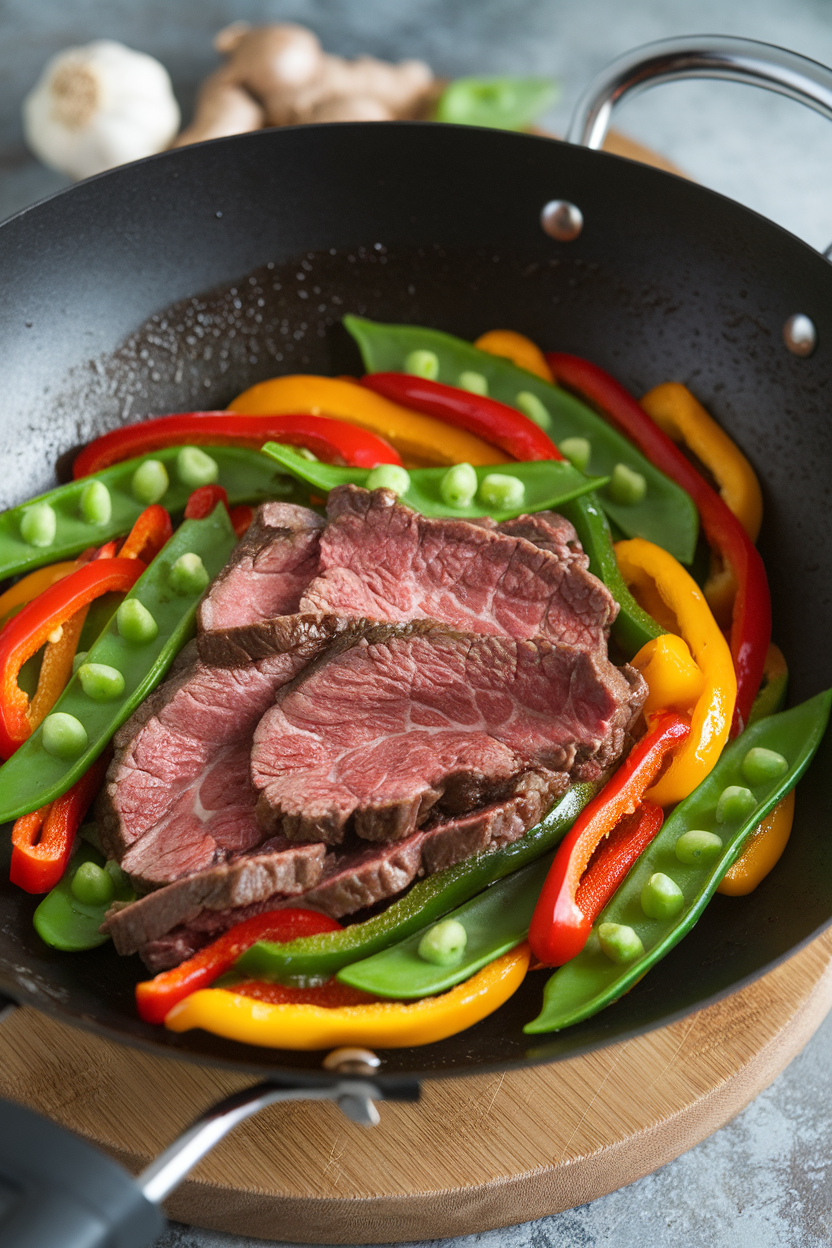 Photo of an indoor wok with sliced beef, colorful peppers, and snow peas glistening in a light soy-ginger sauce. No text or logos present.