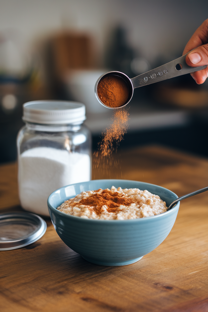 Photo of a measuring spoon sprinkling cinnamon over a bowl of oatmeal indoors, sugar jar pushed to the side. No text or logos in scene.