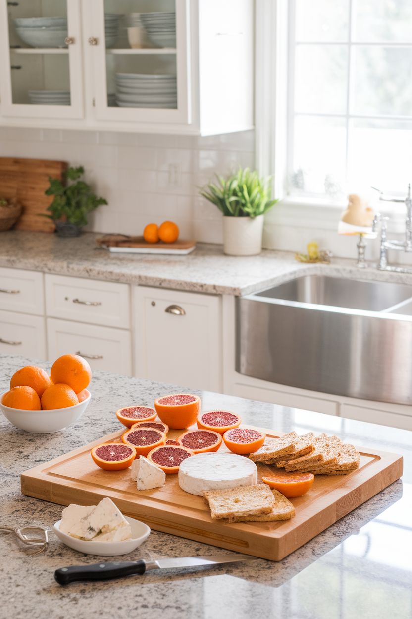 Indoor bright kitchen with a board of blood orange slices, lemon-pepper goat cheese, smoked almonds, and rosemary flatbread; no text or logos.