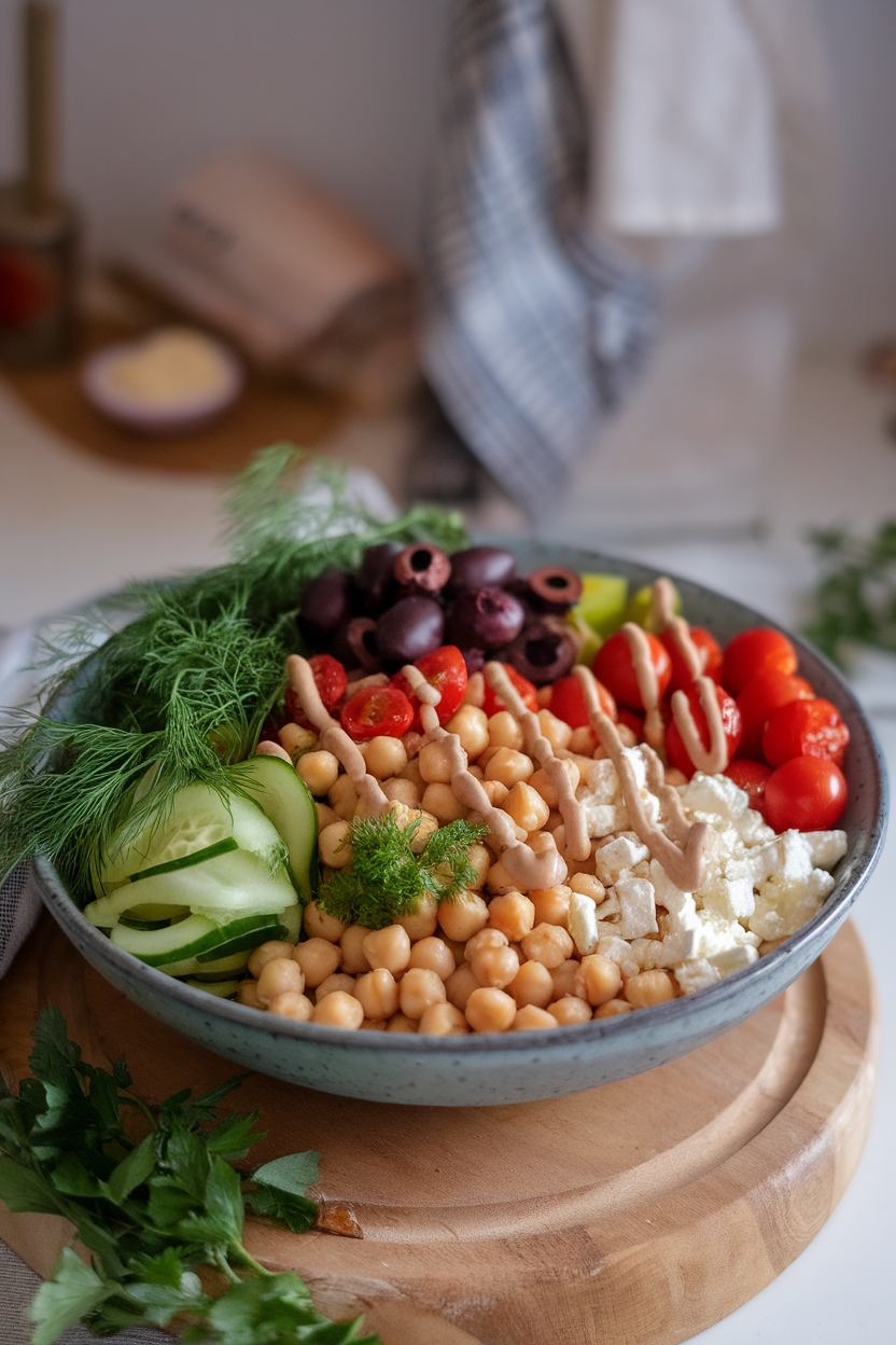 An indoor photo of a wide bowl holding chickpeas, cucumber ribbons, cherry tomatoes, olives, feta crumbles, and a drizzle of tahini dressing. No text or logos.