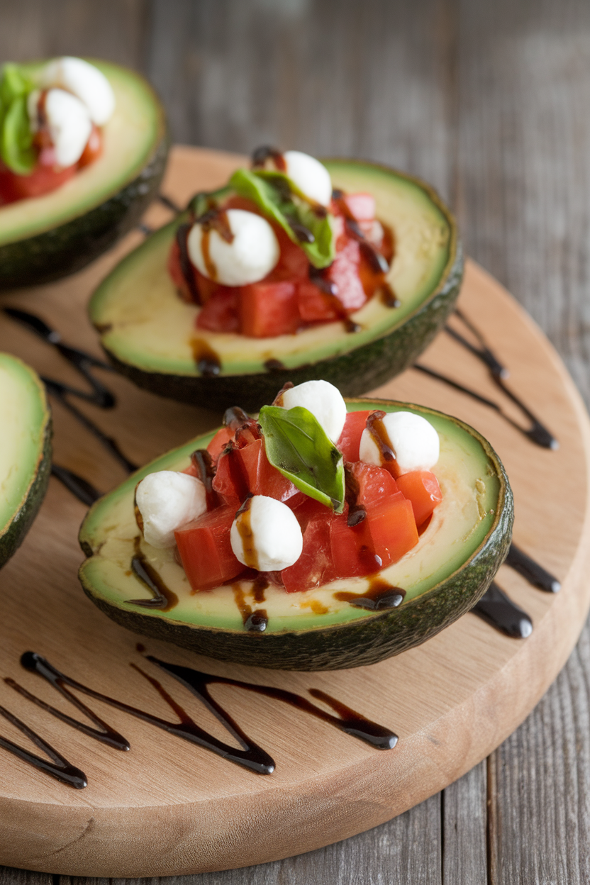 Indoor photo of halved avocados filled with diced tomato, mozzarella pearls, and basil ribbons, drizzled with balsamic; no text or logos.