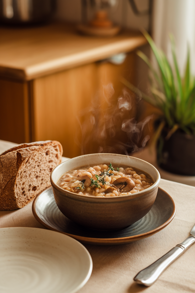 Indoor kitchen table displaying a steaming bowl of hearty mushroom and barley soup garnished with thyme, a slice of whole-grain bread alongside. No text or logos visible.