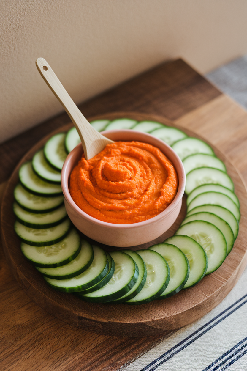 Indoor photo of a vibrant orange carrot dip swirled in a small bowl, surrounded by cucumber coins for dipping. No visible text or logos.