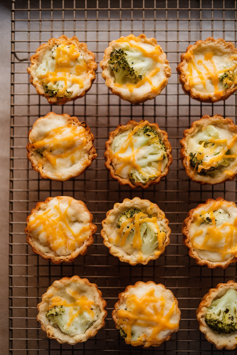 Indoor photo of baked broccoli and cheddar mini bites shaped in a mini muffin pan, cooling on a rack. No text or logos.