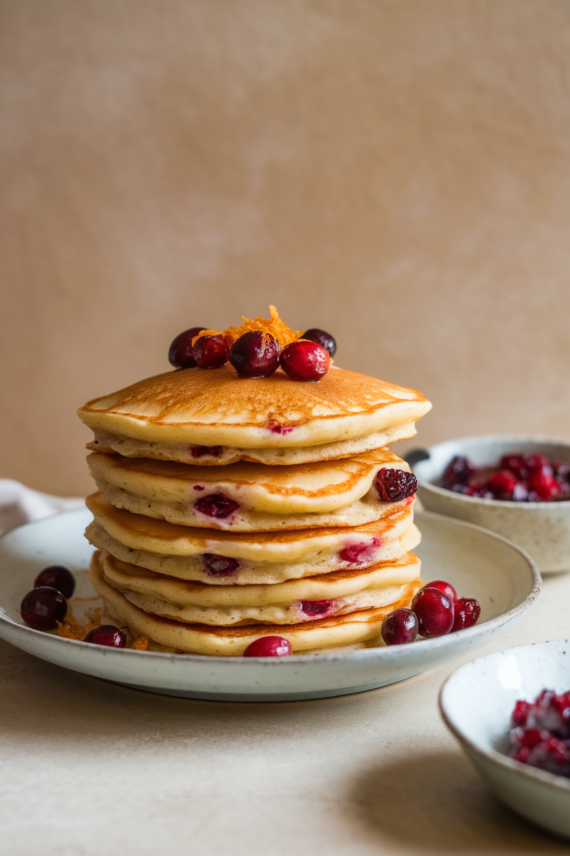 Indoor photo of pancakes dotted with cranberries and flecks of orange zest, served with a small bowl of cranberry compote on the side; no text or logos.