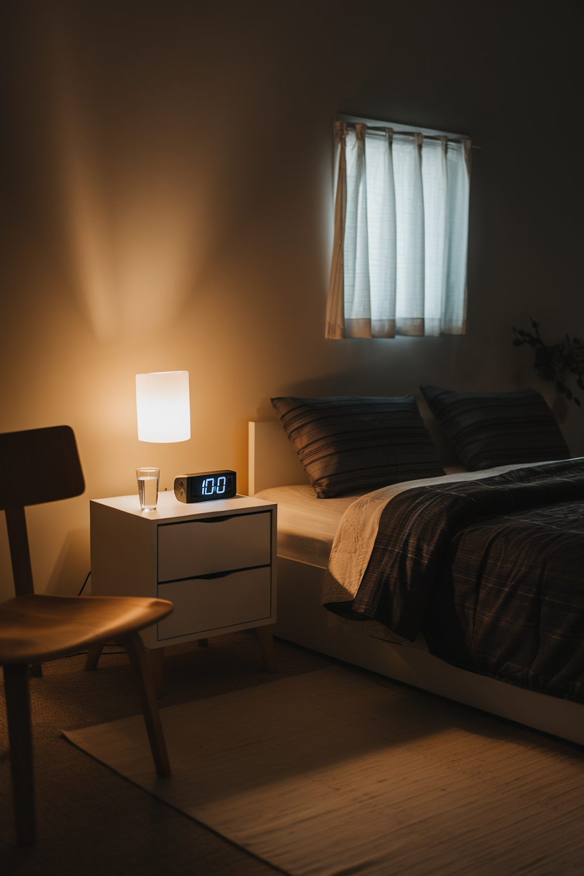 Photo prompt: A peaceful indoor bedroom with a bedside clock showing 10 PM and a glass of water on the nightstand, no text or logos.
