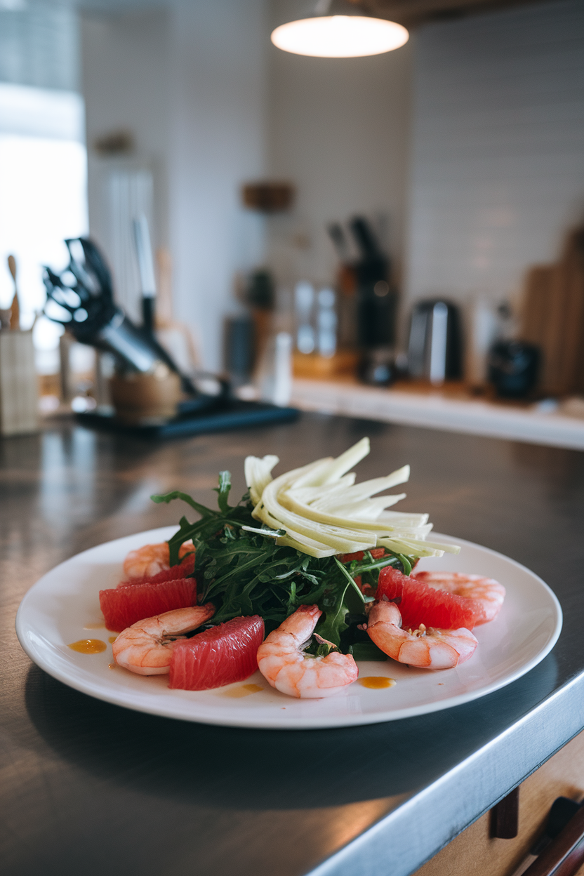 Photo of a white plate on an indoor kitchen island featuring cooked pink shrimp, arugula, ruby grapefruit segments, and thin fennel slices, lightly dressed. No logos or text visible.