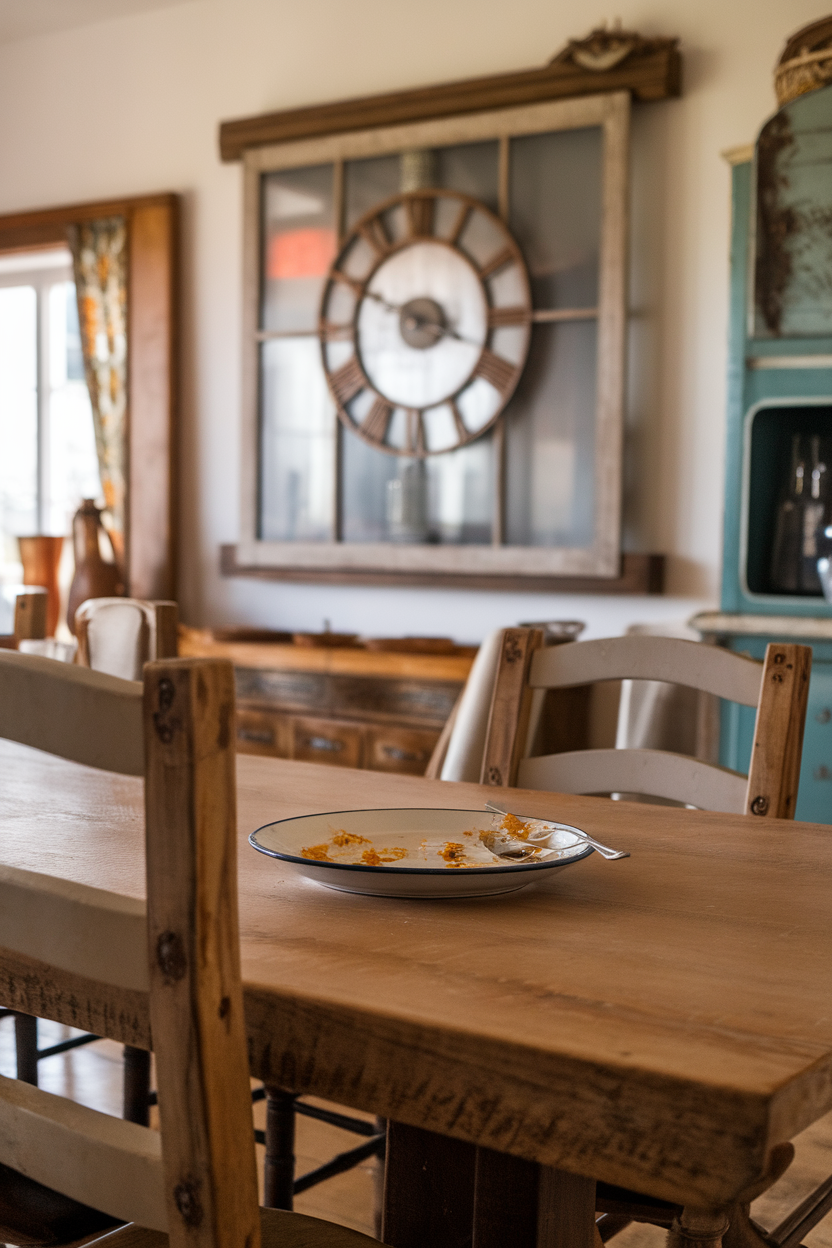 Indoor dining room clock on the wall behind a half-eaten plate, subtle focus—photo.
