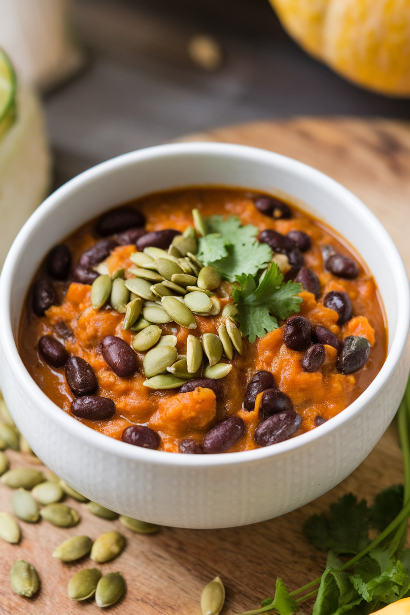 Indoor photo of dark pumpkin chili with black beans and chipotle adobo swirl, pumpkin seeds on top; no text or logos.