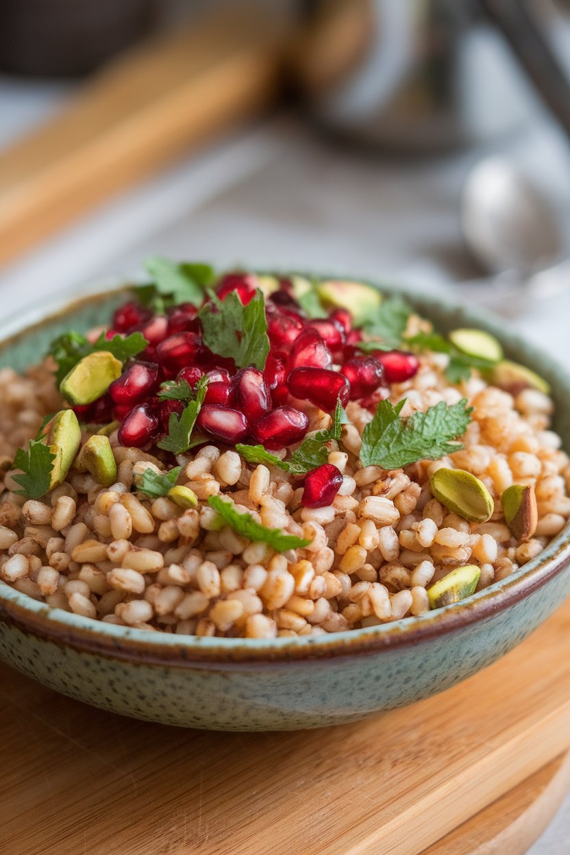 A ceramic indoor bowl of farro tossed with pomegranate seeds, chopped herbs, and pistachios; no text or logos.