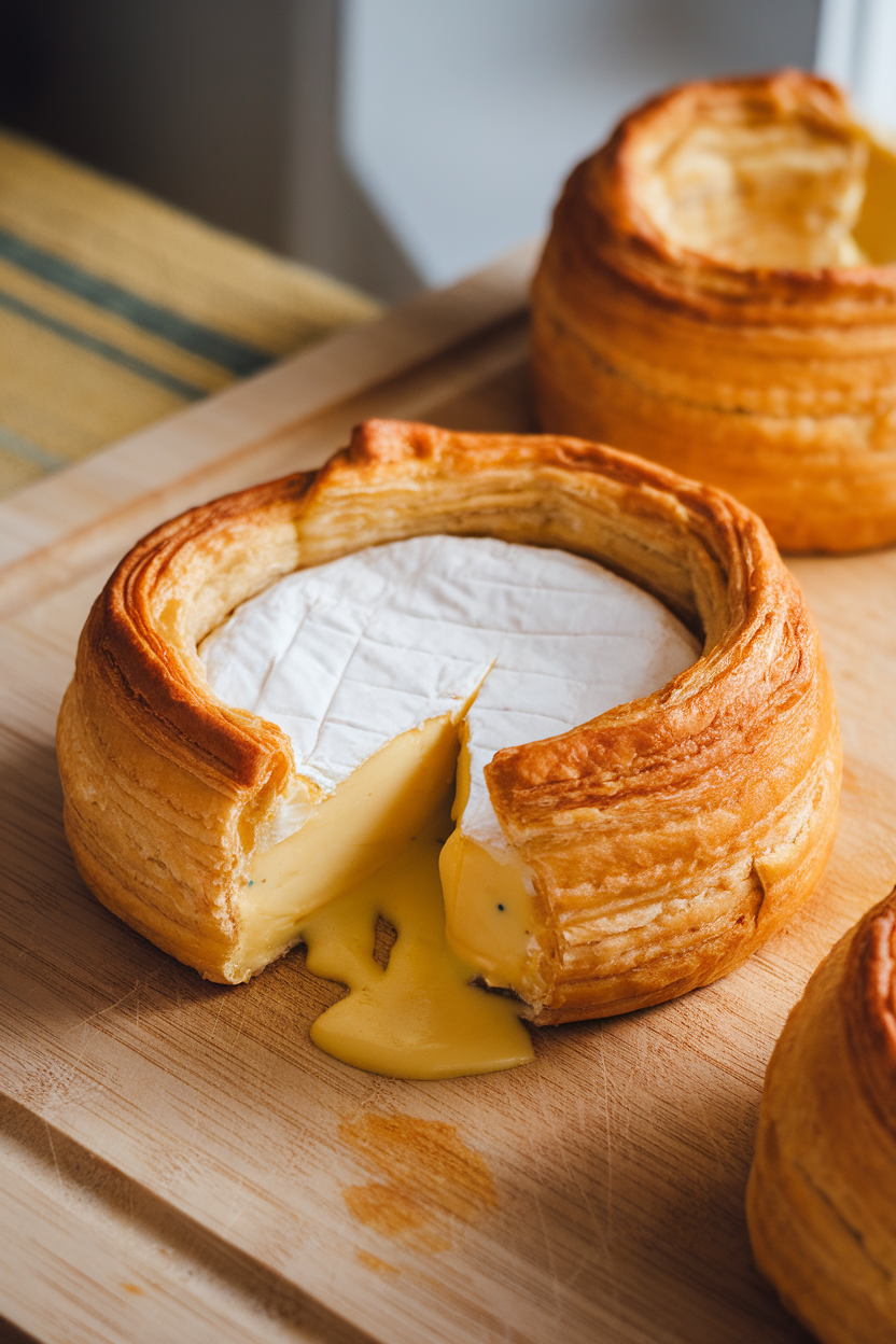 Photo of an indoor cutting board with a whole wheel of brie wrapped in golden puff pastry, gooey cheese oozing where it’s been cut. No text or logos anywhere.