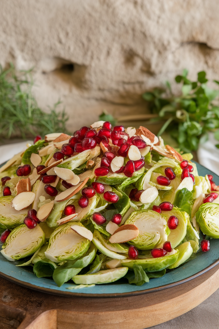 An indoor salad platter of shaved Brussels sprouts mixed with ruby pomegranate arils and sliced almonds, light dressing visible. This should be a photo, not an illustration. No text or logos anywhere in the scene.