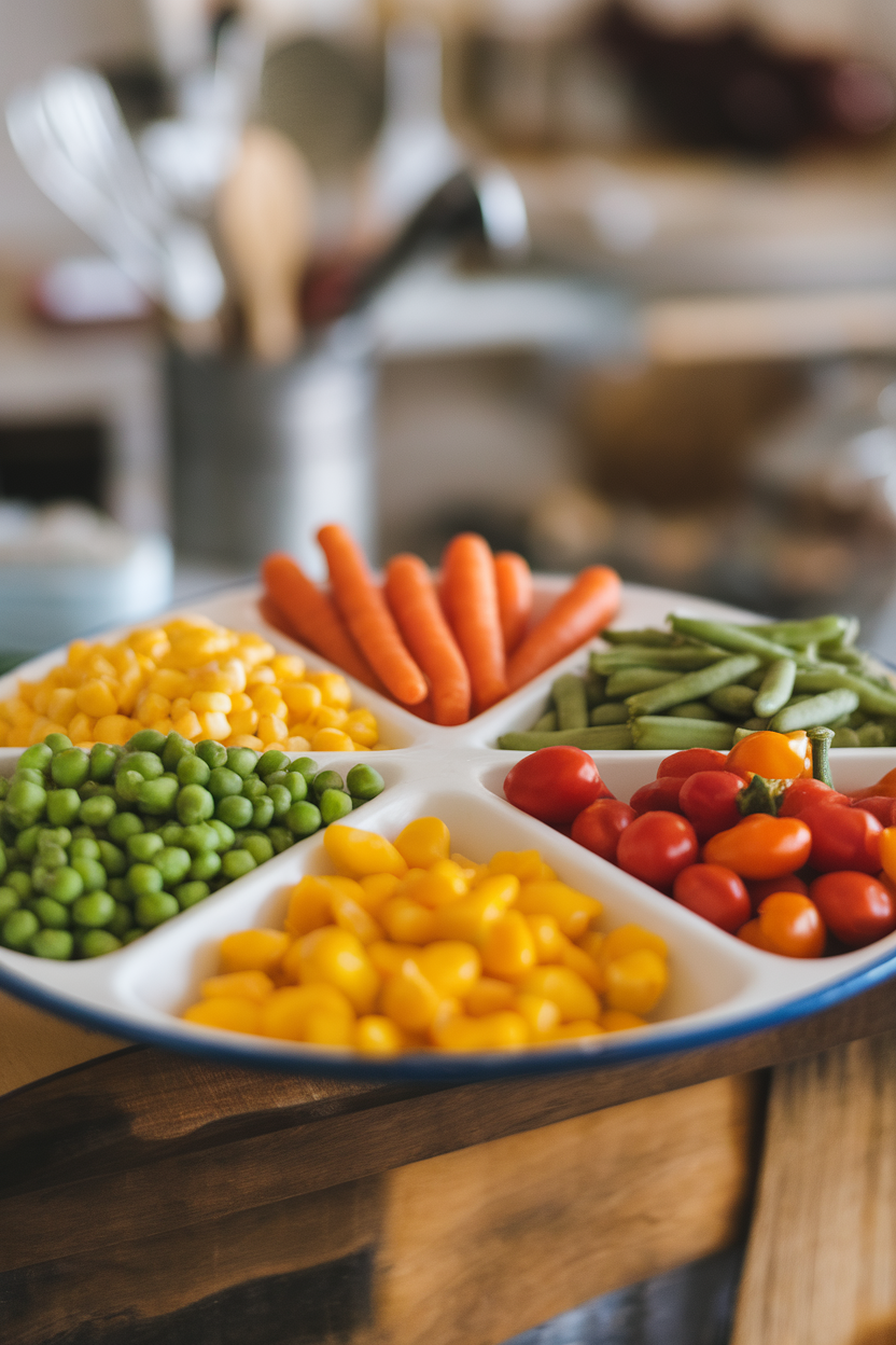 Indoor photo of a six-section tasting tray holding tiny portions of different vegetables, no text or logos