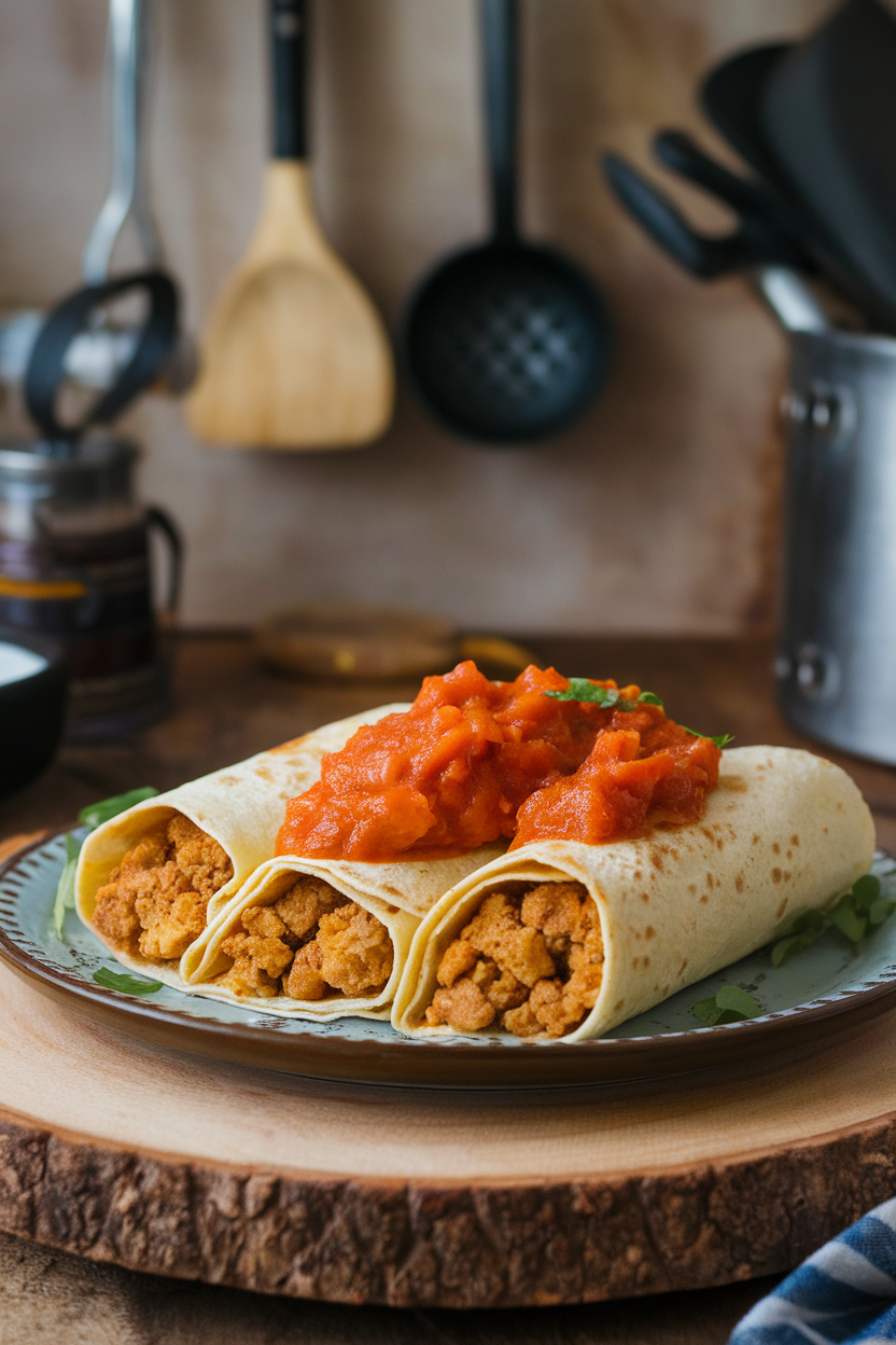 Indoor shot of tempeh and potato crumbles rolled in tortillas under a smoky tomato sauce, no text or logos.