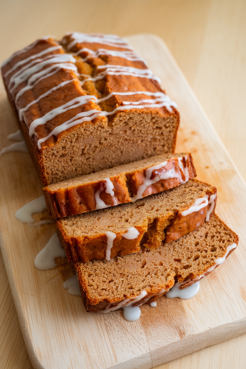 Photo of a sliced quick bread on an indoor cutting board, caramel colored crumb with a drizzle of bourbon glaze; no text or logos.