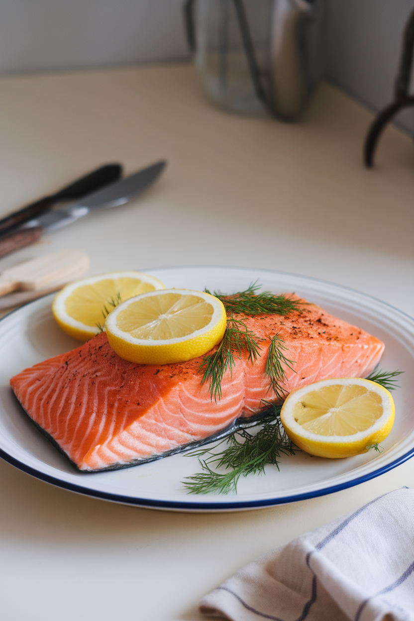 Photo of a cooked salmon fillet on a white plate indoors, garnished with lemon and dill, no raw fish, no text or logos.