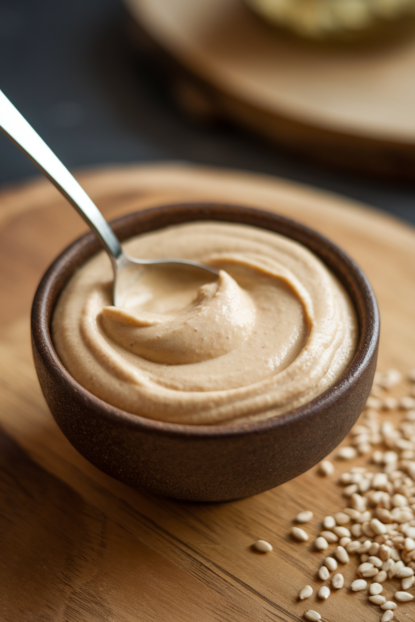 An indoor shot of a small bowl of creamy beige tahini with a spoon pulling gentle swirls, no text or logos, photo.