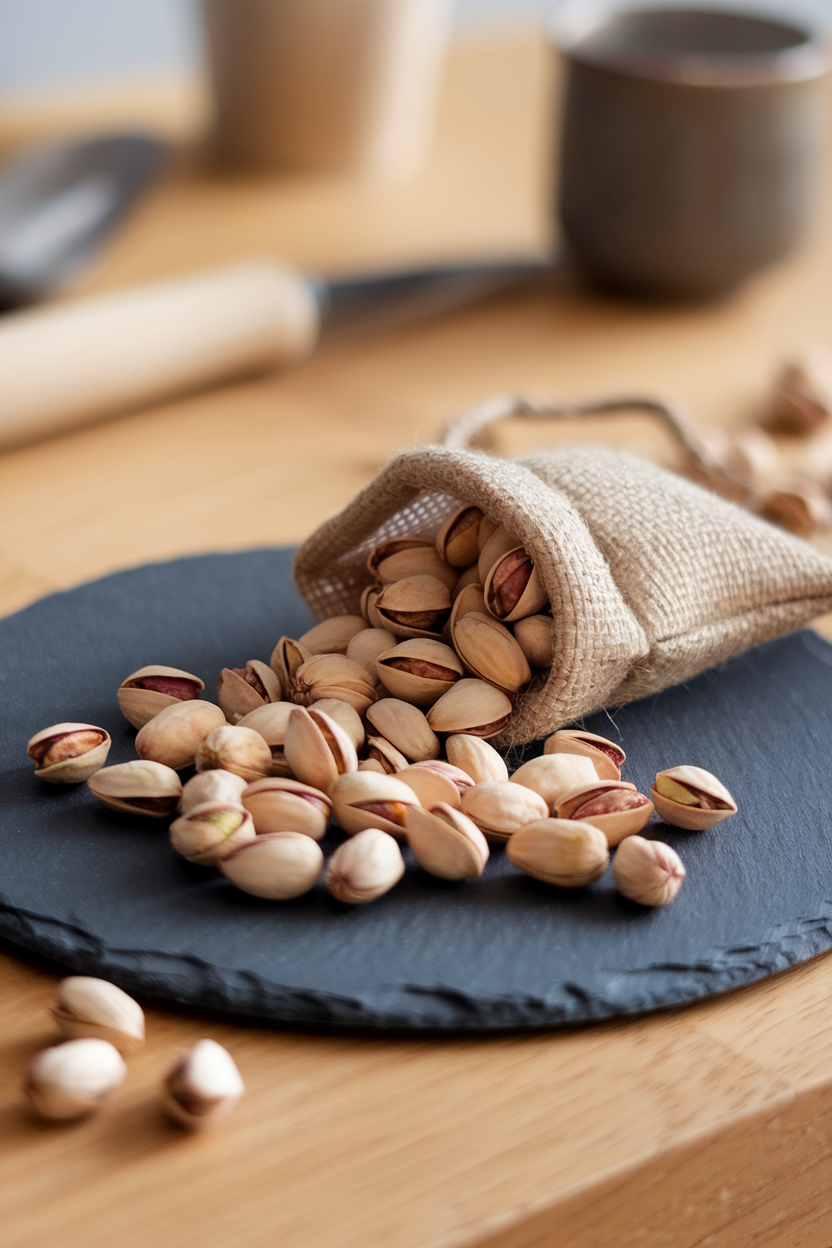 An indoor tabletop with open pistachio shells spilling from a small burlap sack onto a slate plate, no text or logos, photo.
