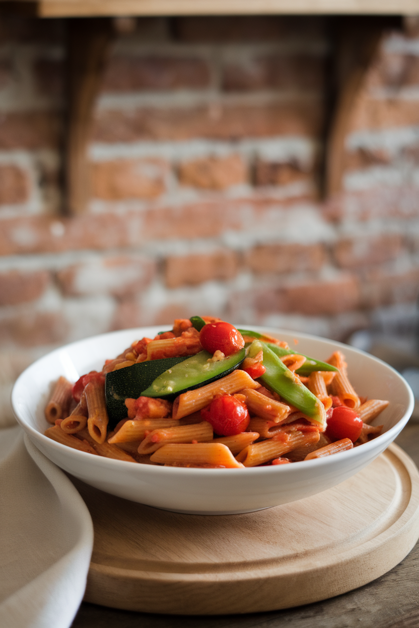 Bowl of red lentil penne tossed with colorful spring vegetables and light tomato sauce, indoor scene, no text or logos.