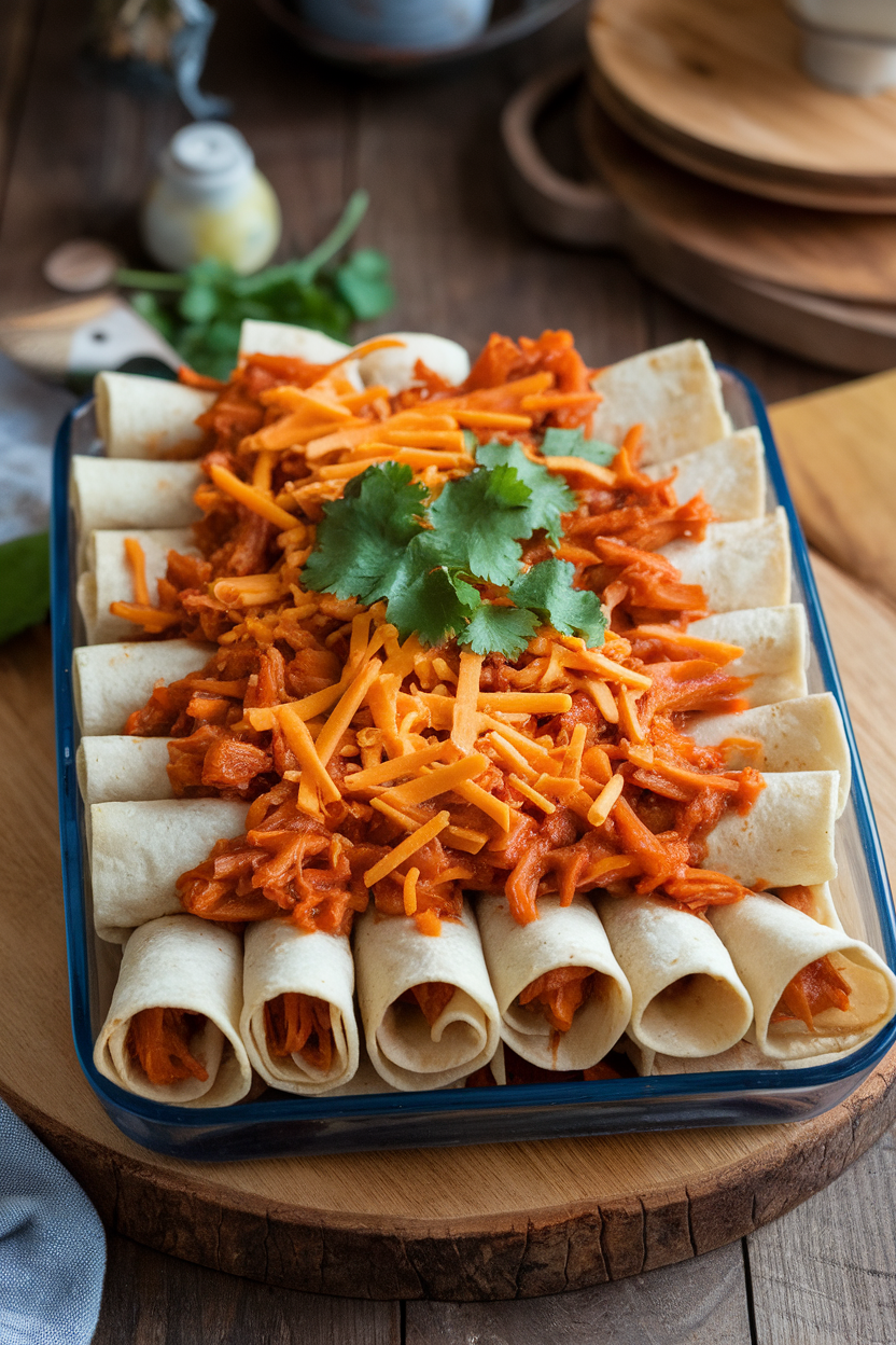Indoor casserole of tortillas filled with saucy shredded jackfruit, topped lightly with cheddar and cilantro, no logos.