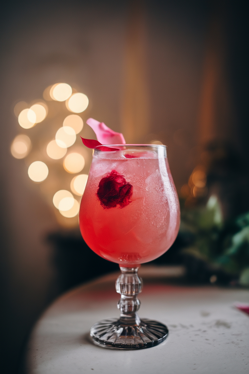 Indoor photo of a vintage goblet holding pink raspberry rose mocktail, floating edible rose petal, soft bokeh lights behind; no text or logos.