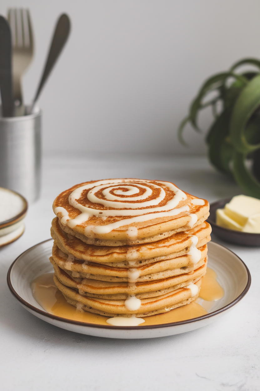Indoor photo of pancakes with a cinnamon-sugar spiral visible on top, finished with a cream-cheese drizzle; no text or logos.