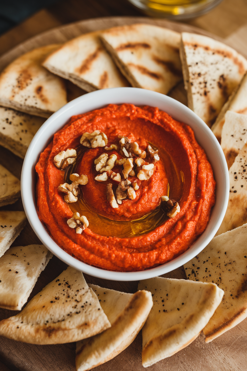 Indoor photo of a bowl of vibrant roasted red pepper dip garnished with crushed walnuts and olive oil, surrounded by pita wedges; no text or logos.