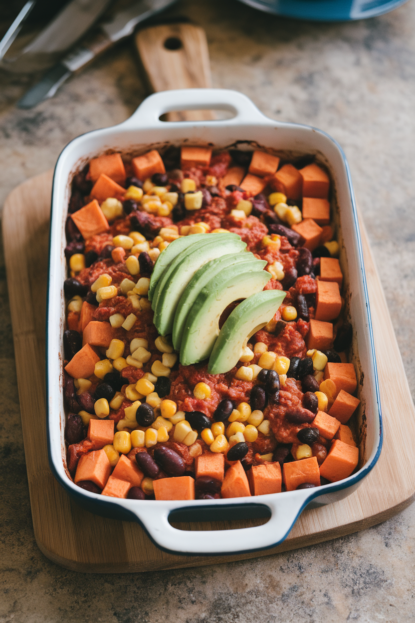 Indoor countertop image of a casserole featuring sweet potato cubes, black beans, chipotle tomato sauce, and corn, topped with avocado after baking. No branding or text.