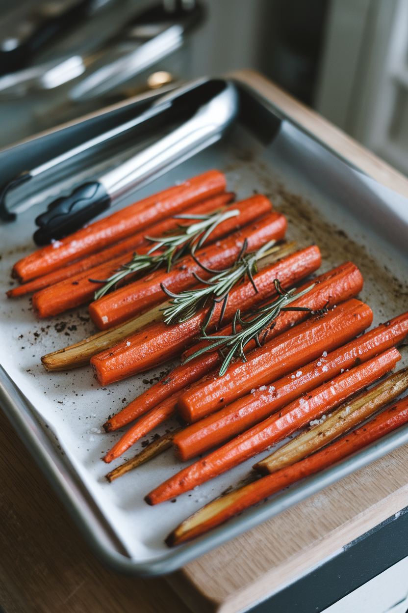 Indoor baking sheet with roasted carrot sticks seasoned with rosemary and sea salt, tongs nearby; no text or logos, photo style.
