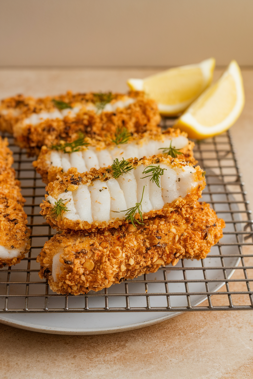 Photo of baked cod sticks coated in golden whole-wheat crumbs on a wire rack, with lemon wedges nearby, taken indoors. No text or logos. Photo, not illustration.